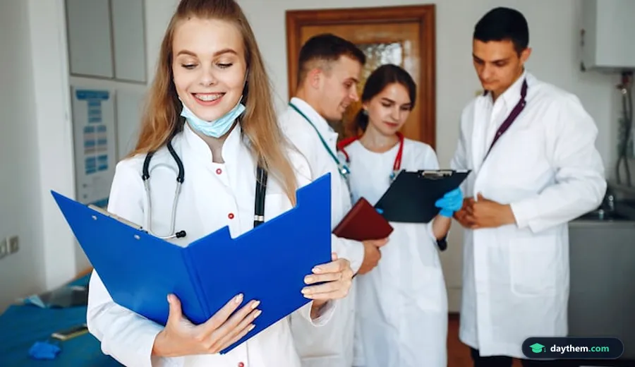 Nhóm người trẻ mặc áo blouse và trang phục y tế trao đổi chuyên môn trong môi trường học tập y khoa