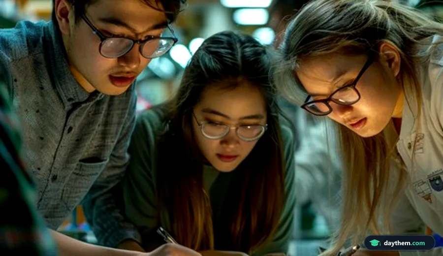 Nhóm sinh viên Đại học Sư phạm Kỹ thuật TPHCM đang thảo luận và làm việc cùng nhau bên bàn học với laptop và tài liệu