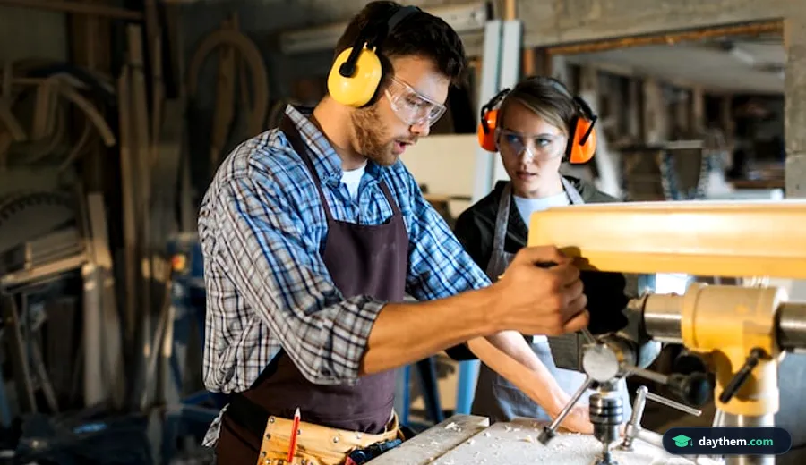 Giảng viên đang hướng dẫn học viên sử dụng máy khoan bàn tại xưởng thực hành kỹ thuật