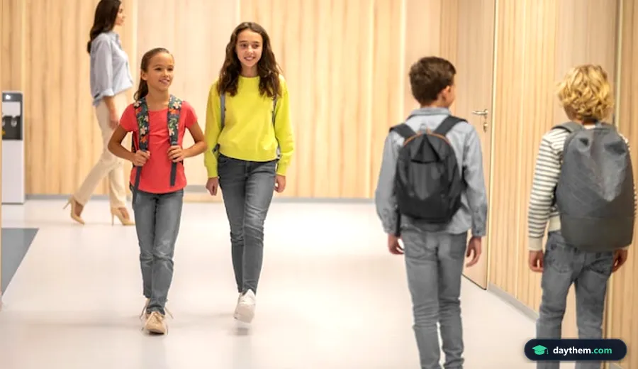 Các nữ sinh đang đứng nhìn các bạn nam đi về phía mình ở hành lang trường học có tủ locker