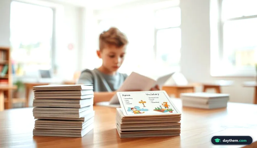 Xấp thẻ học từ vựng flashcard đặt gọn gàng trên bàn minh họa cho phương pháp ghi nhớ